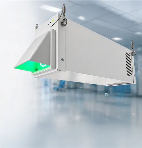 A MACH unit, ceiling-hung in a hospital corridor